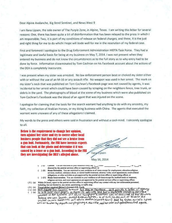 **Update **DA ignores first amendment violations; Washington Post comments The letter Lipsen was forced to write and the handwritten instructions on what to write from U.S. Magistrate Judge B. Dwight Goains.